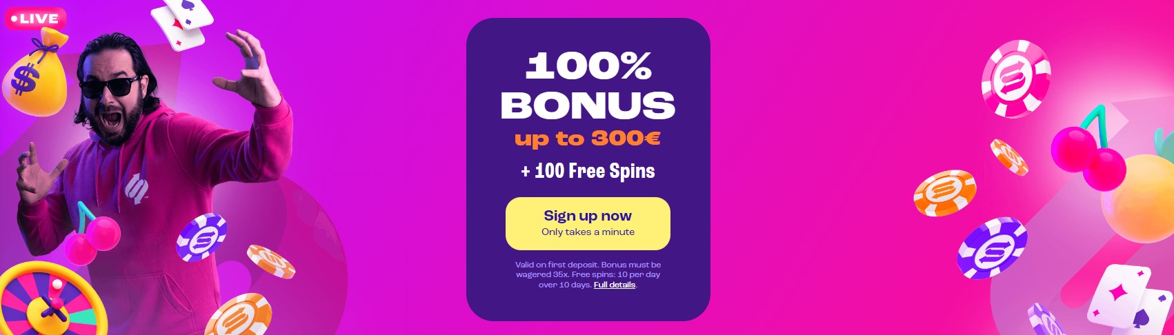 100% up to €/$300 + 100 Free Spins bonus spinz casino